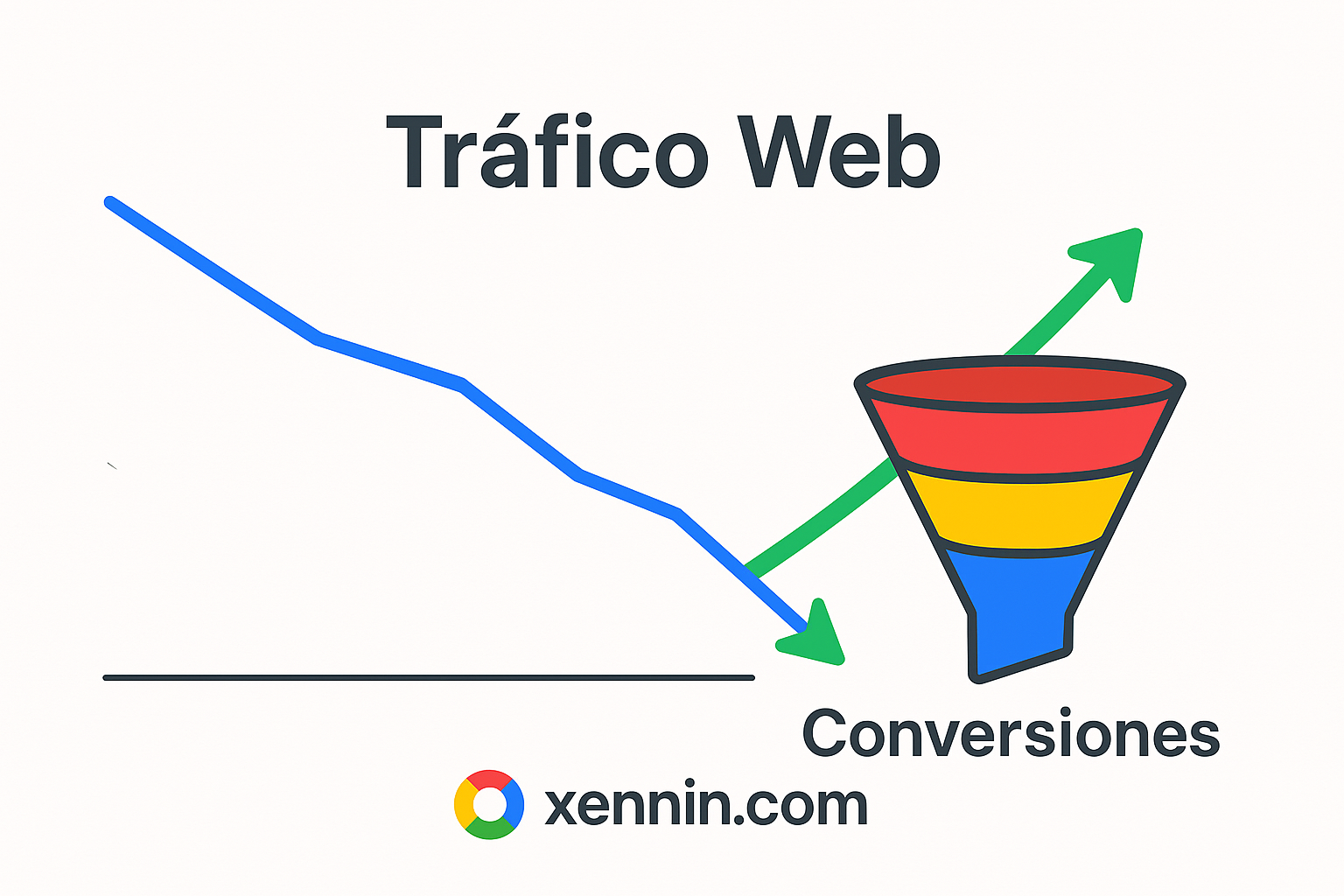 Gráfico mostrando cómo un embudo de conversión de Xennin aumenta las ventas a pesar de una baja en el tráfico web.