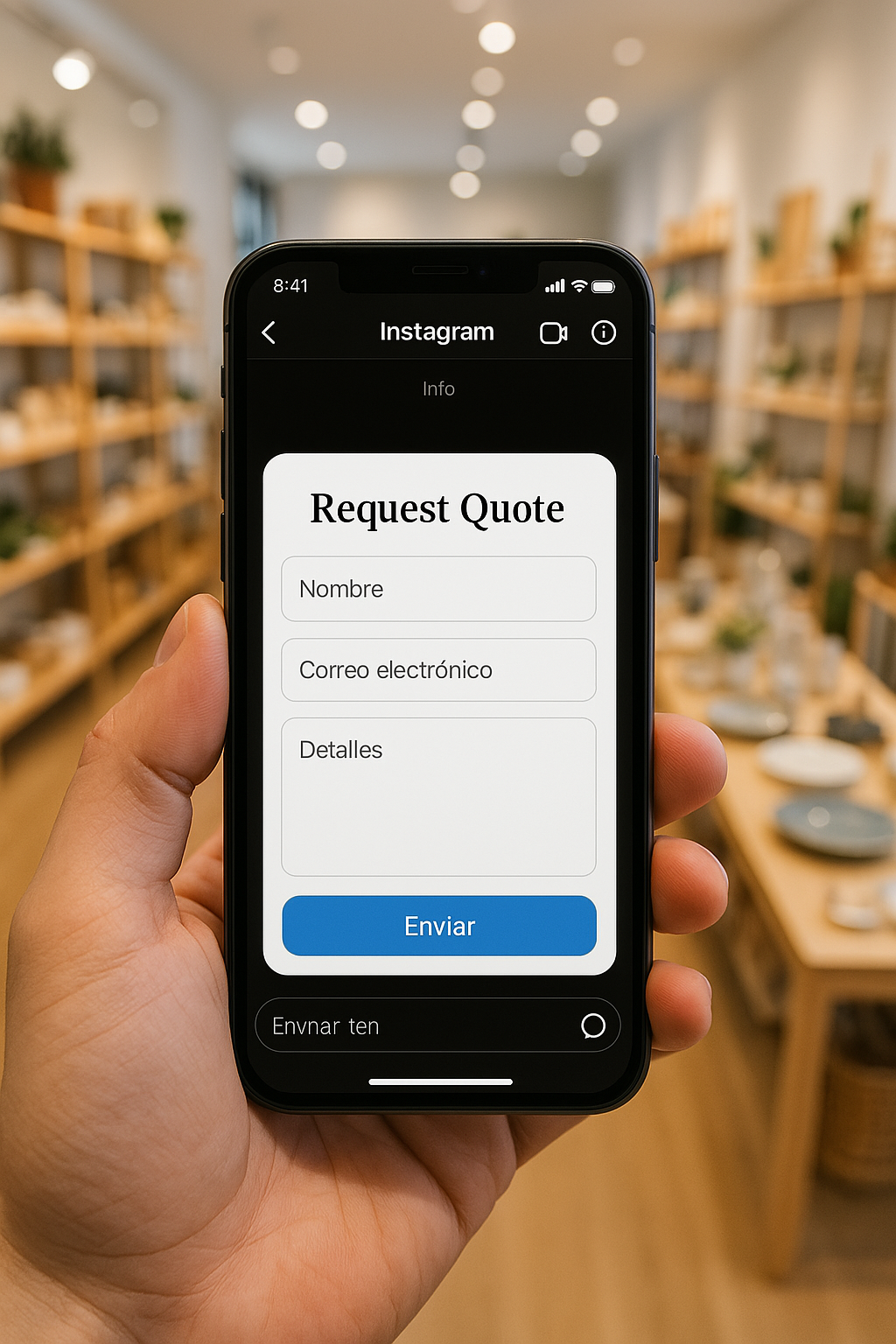 Mano sosteniendo un celular dentro de una tienda, mostrando un formulario para solicitar cotización directamente en Instagram.
