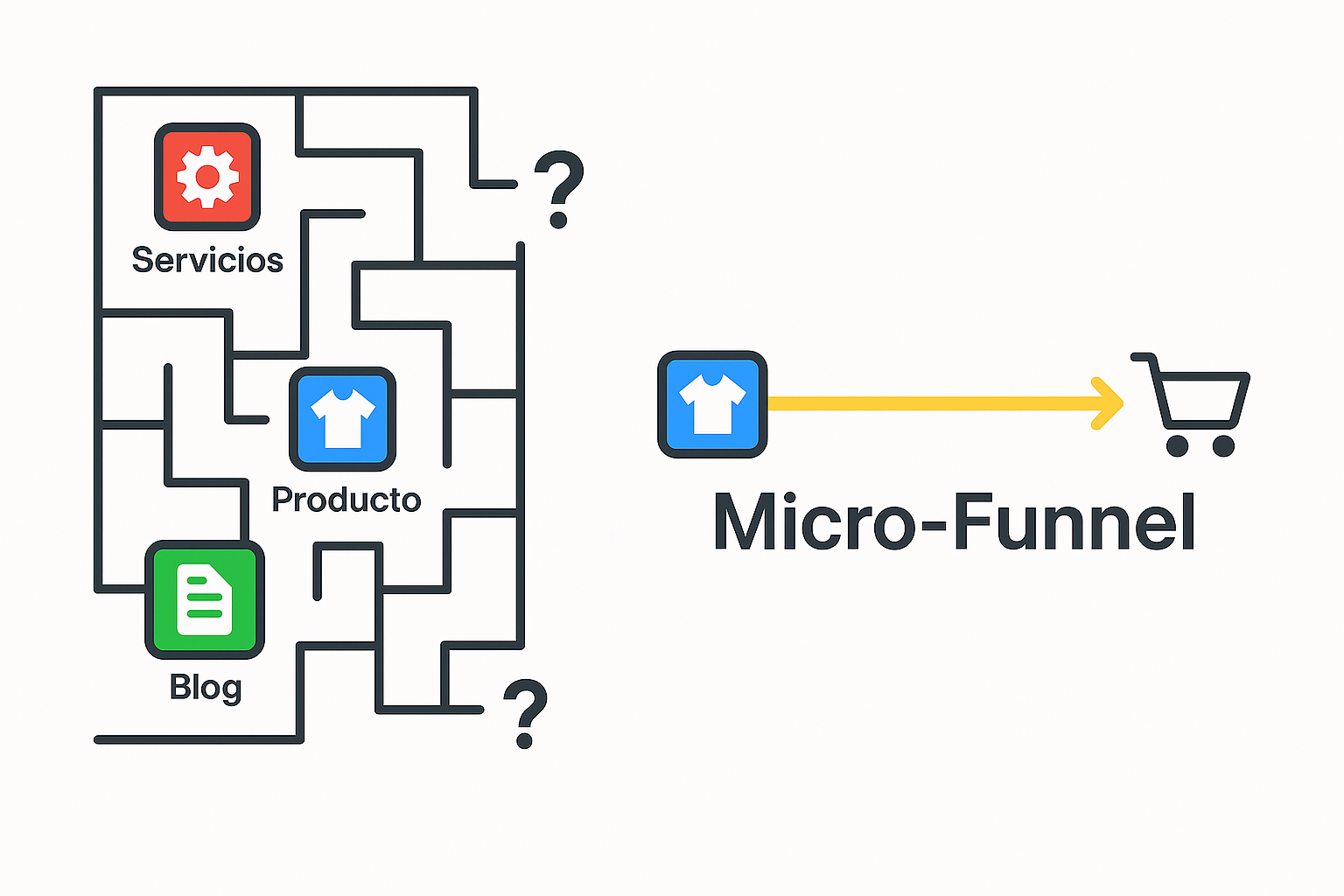 Comparativa entre un laberinto (sitio web tradicional) y una línea directa al carrito de compra (micro-funnel).