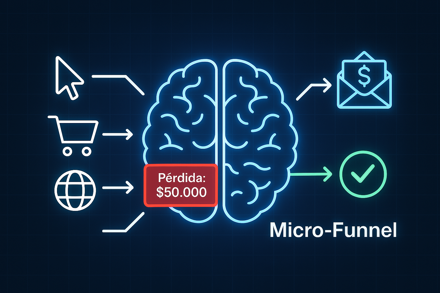 Un cerebro de IA procesando datos de un carrito de compra abandonado para activar un micro-funnel de recuperación.