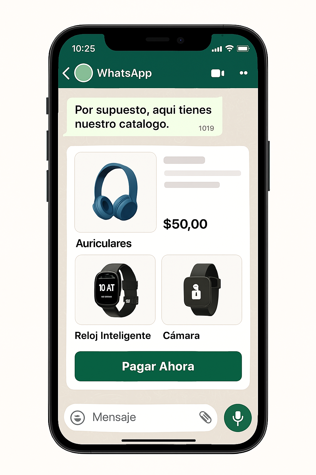 Simulación de una venta completada con un catálogo de productos y un botón de "Pagar Ahora" dentro de un chat de WhatsApp.