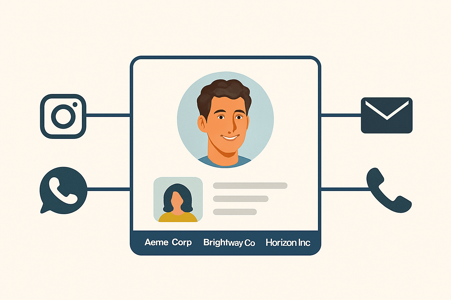 Ficha de un cliente en un CRM que unifica todos sus canales de contacto: Instagram, WhatsApp, email y teléfono.