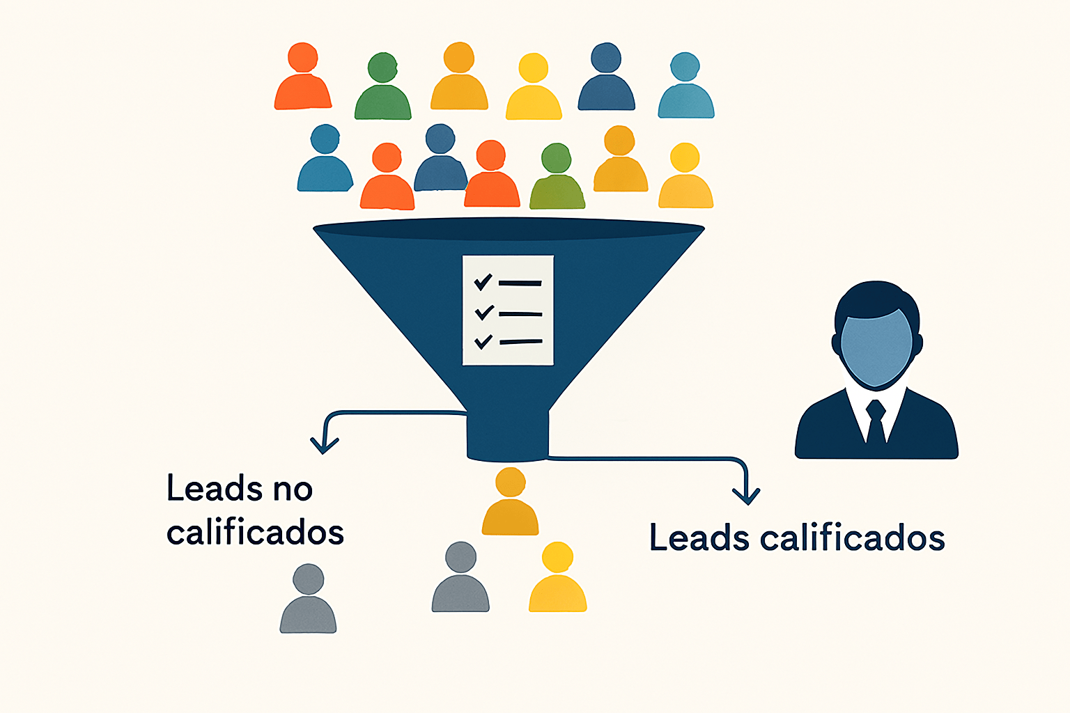 Un embudo de marketing y ventas filtrando a un grupo de personas para separar los leads calificados de los no calificados.