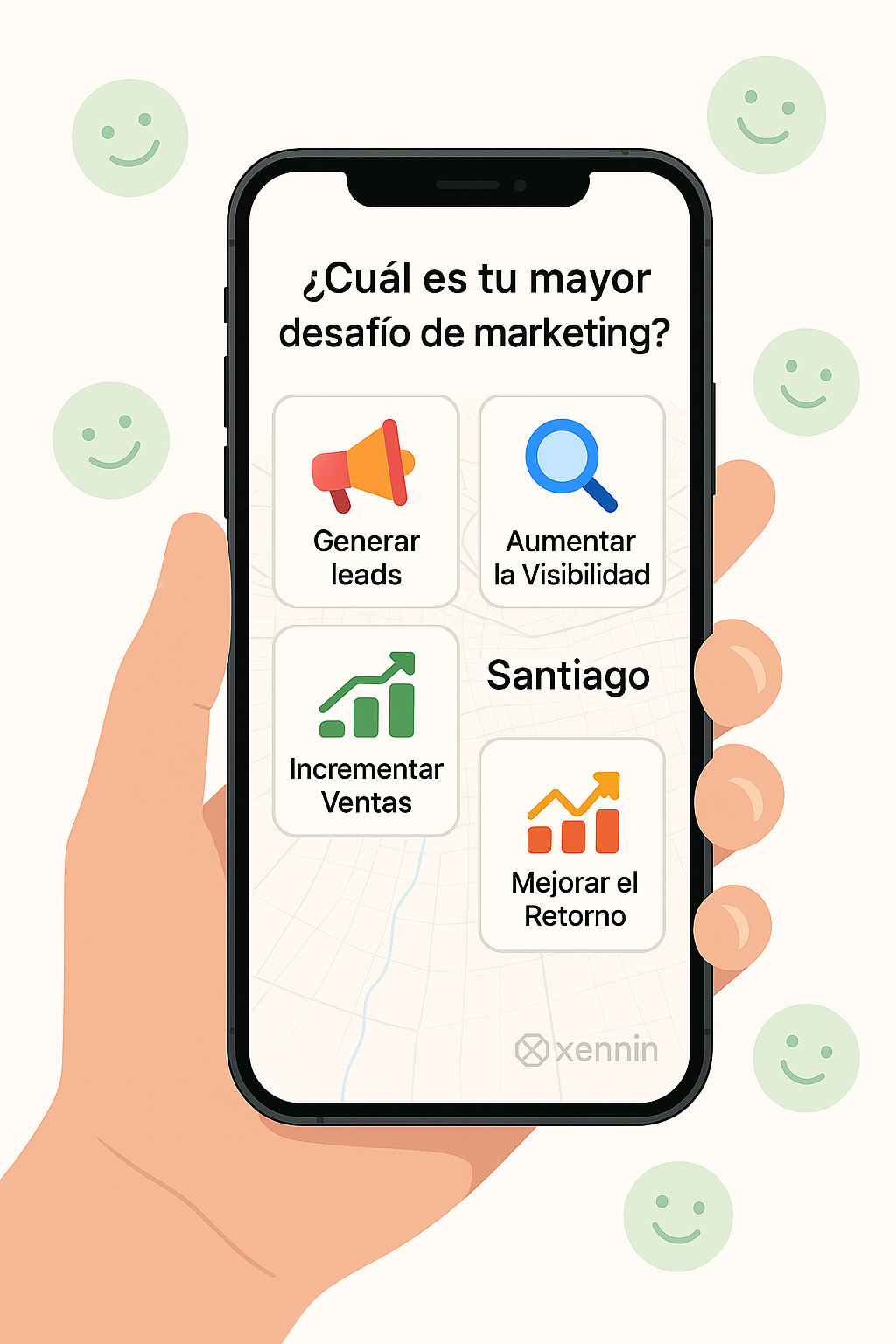 Mano sosteniendo un celular que muestra un quiz de marketing para identificar los desafíos de una Pyme en Santiago.