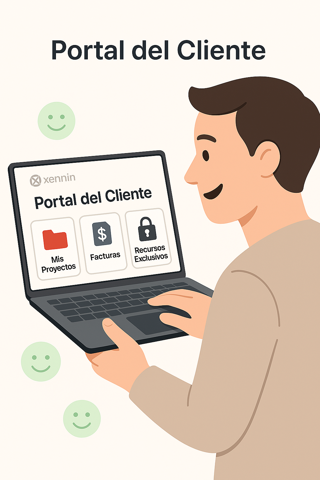 Un cliente sonriente revisando su portal personalizado en un laptop, con acceso a proyectos, facturas y recursos.