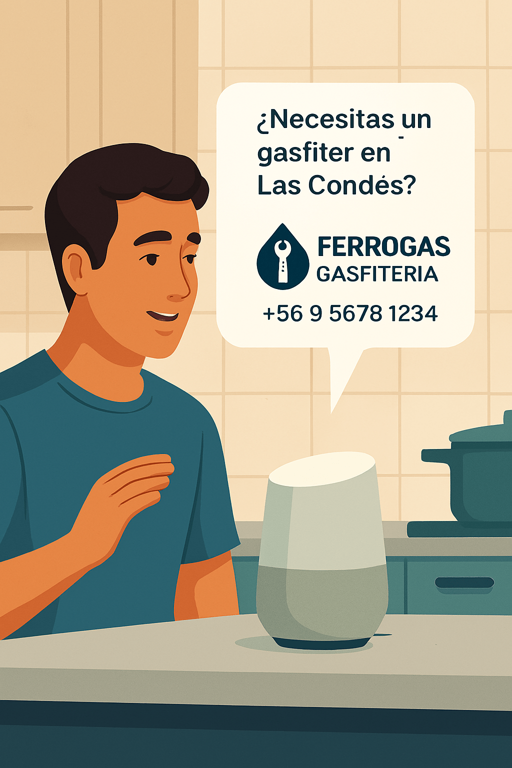 Una persona usando un asistente de voz en su cocina para buscar un servicio de gasfitería en Las Condes.