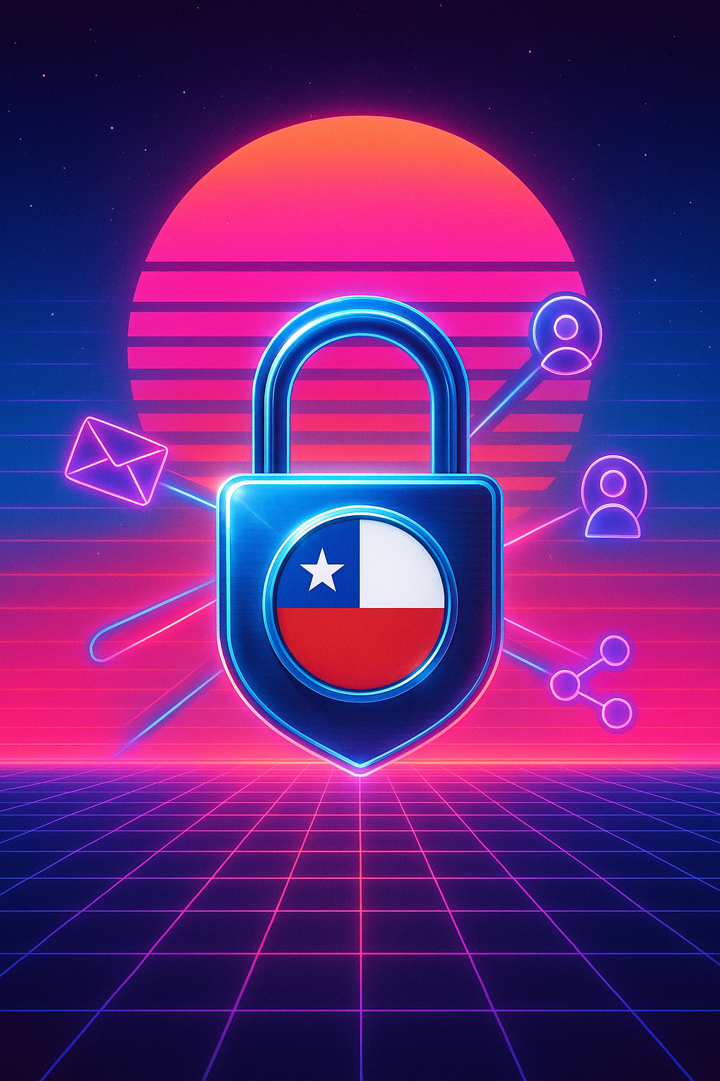 n candado con la bandera de Chile en estilo retro-futurista, simbolizando la nueva ley de protección de datos del país.
