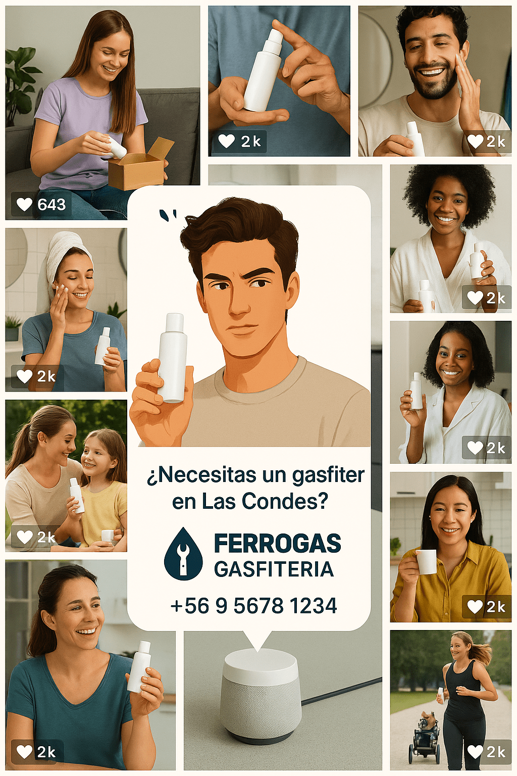 Ejemplo de un anuncio de "Ferrogas Gasfitería" en Las Condes, mostrado sobre un collage de fotos de clientes diversos.