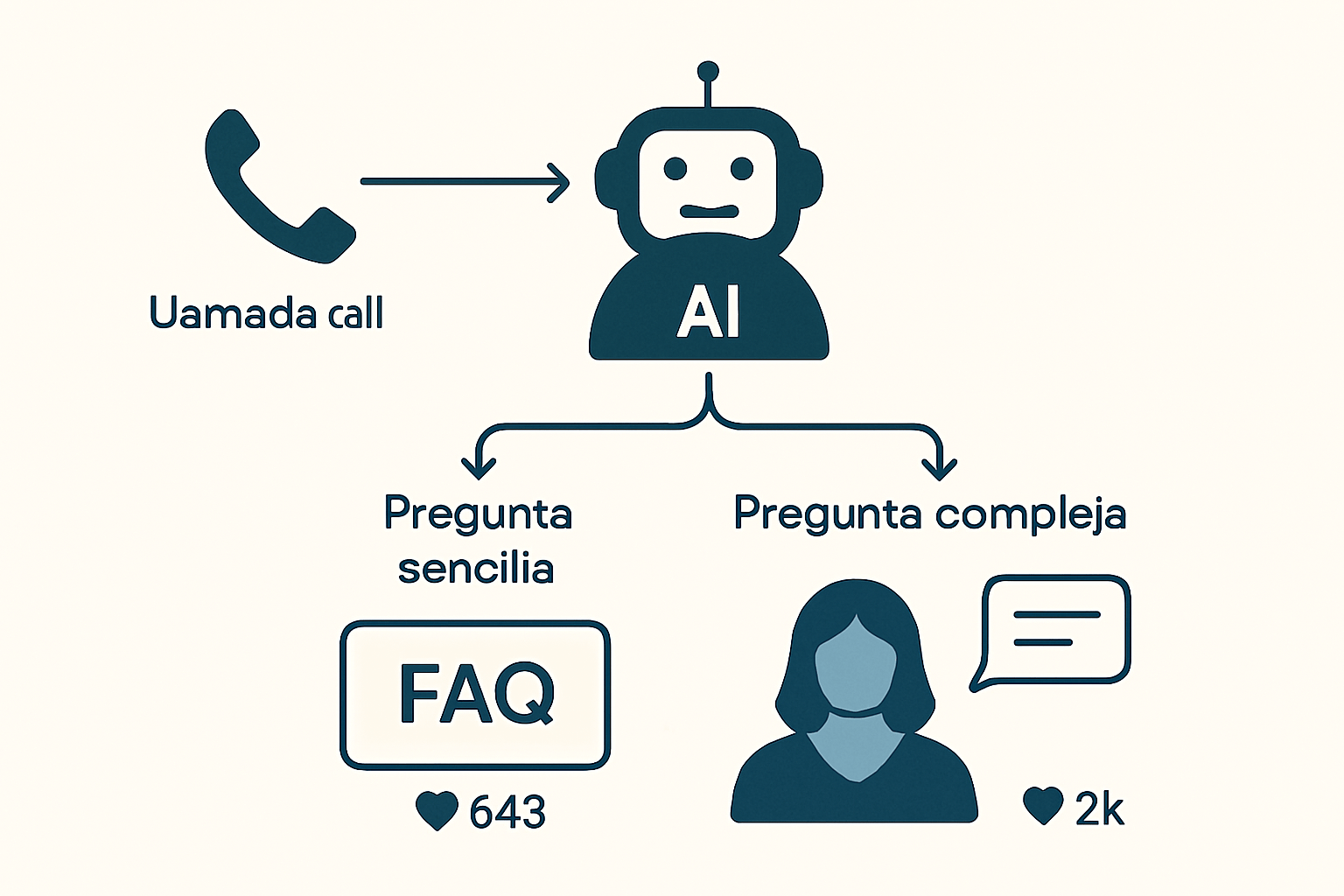 Diagrama de flujo que muestra cómo una IA atiende una llamada, resolviendo preguntas sencillas con FAQ y derivando las complejas a un agente.