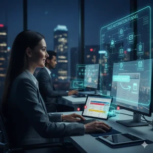 Equipo de ventas sonriendo al ver un flujo de automatización de ventas en su CRM que confirma una reunión agendada automáticamente.