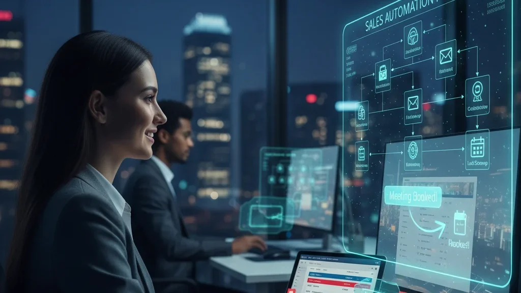 Equipo de ventas sonriendo al ver un flujo de automatización de ventas en su CRM que confirma una reunión agendada automáticamente.