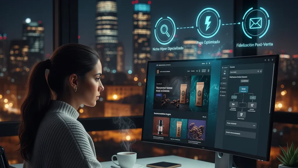 Emprendedora gestionando su eCommerce de nicho en Chile, aplicando estrategias de pago optimizado y fidelización post-venta para competir.
