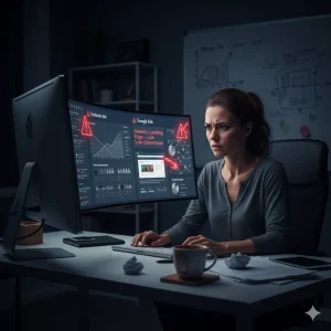 Emprendedora frustrada revisando campañas de publicidad pagada con bajo rendimiento y alto costo en Google Ads y Facebook Ads.