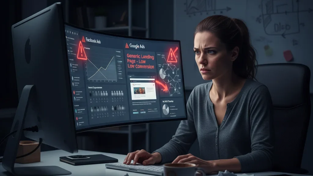 Emprendedora frustrada revisando campañas de publicidad pagada con bajo rendimiento y alto costo en Google Ads y Facebook Ads.