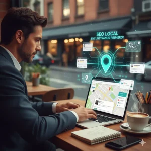 Empresario optimizando el SEO local de su negocio en un notebook, con un mapa y perfiles de Google Business Profile destacando su ubicación.