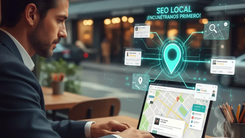 Empresario optimizando el SEO local de su negocio en un notebook, con un mapa y perfiles de Google Business Profile destacando su ubicación.