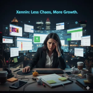 Empresaria abrumada por múltiples ventanas de software, demostrando el caos y la ineficiencia de no tener una plataforma de marketing todo en uno.