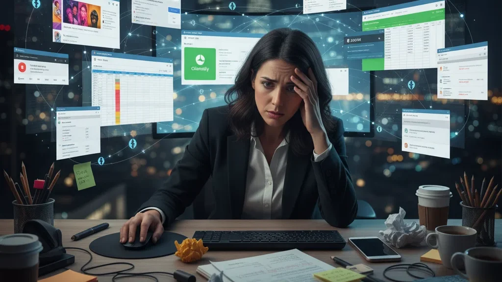 Empresaria abrumada por múltiples ventanas de software, demostrando el caos y la ineficiencia de no tener una plataforma de marketing todo en uno.