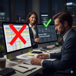 Gerente comparando una hoja de Excel caótica con un dashboard de CRM organizado que muestra un crecimiento claro en las ventas.