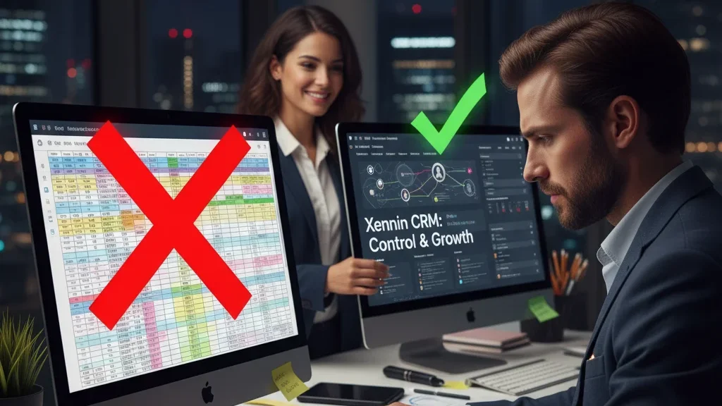 Gerente comparando una hoja de Excel caótica con un dashboard de CRM organizado que muestra un crecimiento claro en las ventas.